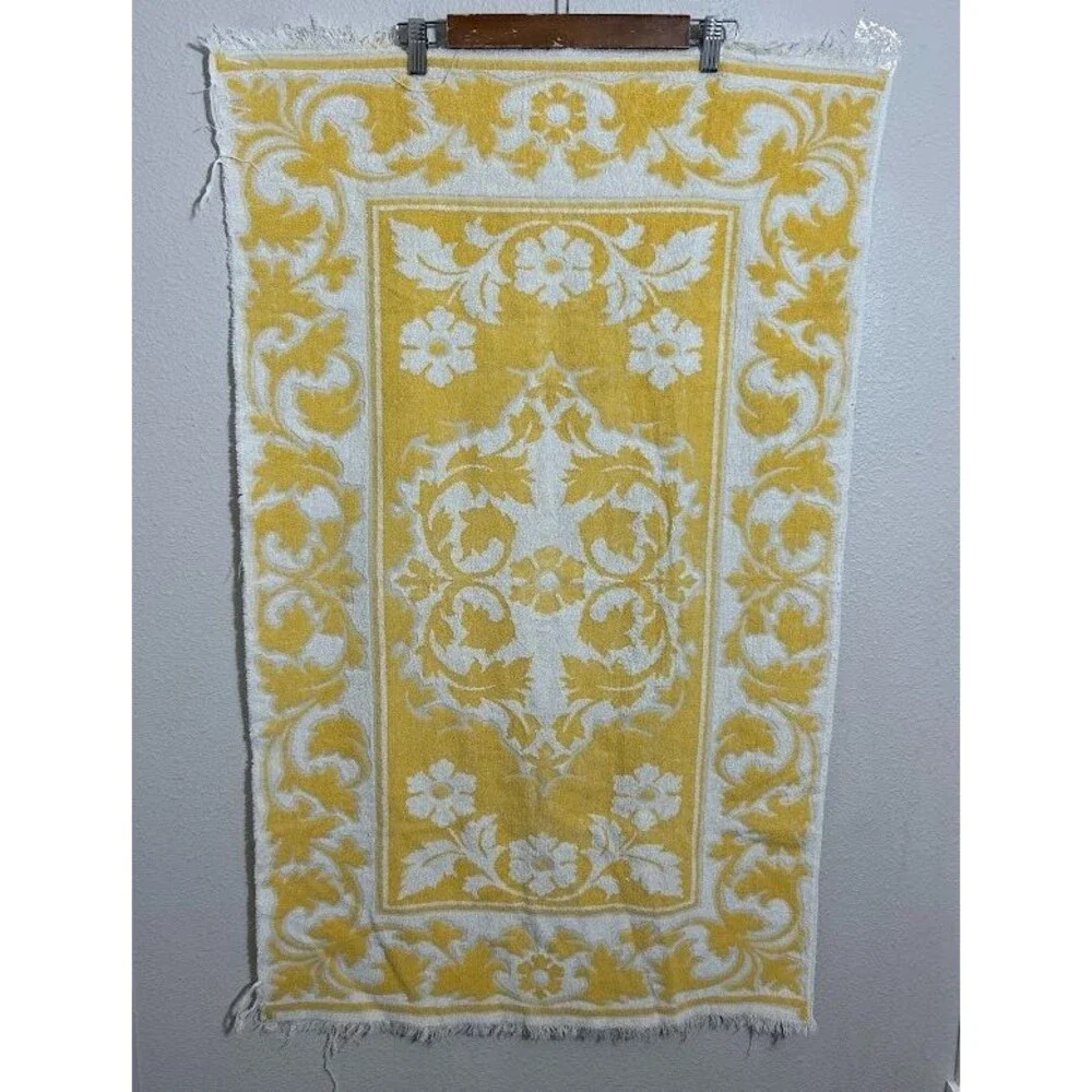 Vtg Sears Drylon Fringed Bath Towel Jacobean Print Golden Yellow Repurpose Craft